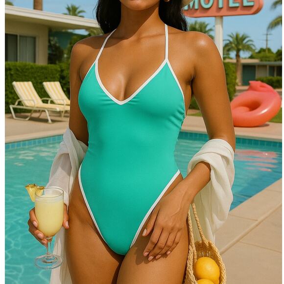 New‎ Large Mint Strappy Bathing Suit Swimsuit O-Ring Backless Padded V-neck - Picture 2 of 7